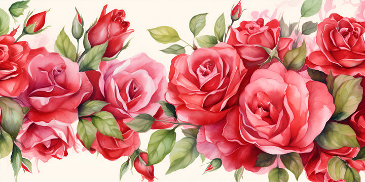 Watercolor background with red roses flowers