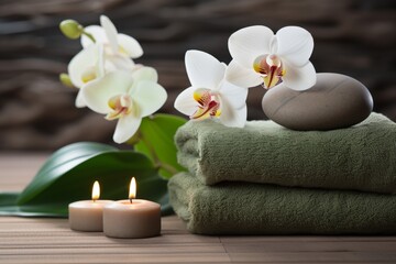 Spa setting with fluffy green rolled up towels, candles and white orchid flower on the wooden table