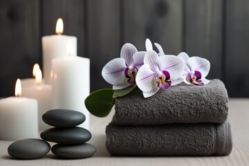 Fototapeta na wymiar Spa setting with fluffy grey rolled up towels, candles and white orchid flower on the wooden table