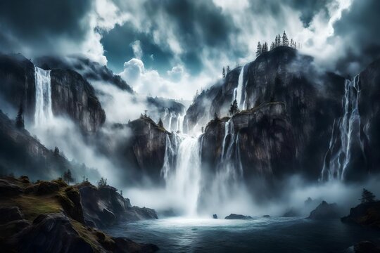 Picture enormous waterfalls cascading down from the clouds, creating a surreal scene with water flowing upwards. 