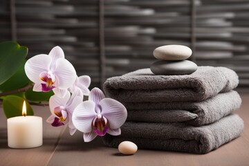 Fototapeta na wymiar Spa setting with fluffy grey rolled up towels, candles and white orchid flower on the wooden table