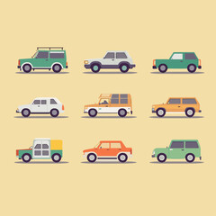 Flat cars set. Taxi and minivan, cabriolet and pickup. Bus and suv, truck. Urban, city cars and vehicles transport vector flat icons. Cabriolet and truck, car and bus, automobile pickup illustration