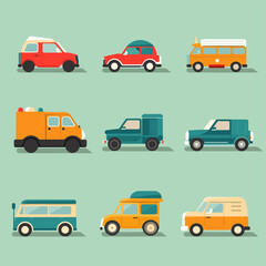 Flat cars set. Taxi and minivan, cabriolet and pickup. Bus and suv, truck. Urban, city cars and vehicles transport vector flat icons. Cabriolet and truck, car and bus, automobile pickup illustration
