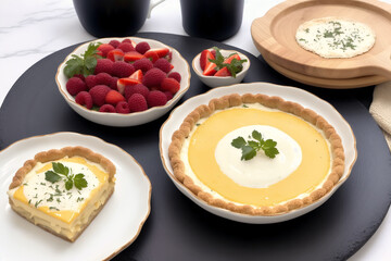 French cuisine. Cottage cheese tart with thyme in a white ceramic baking dish.Creamy soup. Creamy pumpkin pie. Generative AI