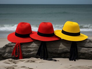 Colored hats on the beach