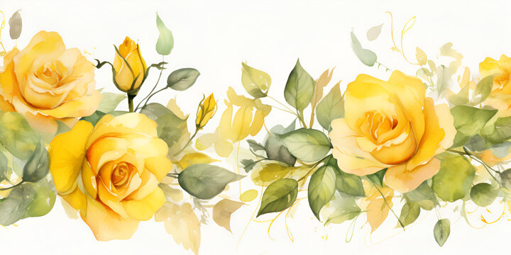 Watercolor yellow roses on white background 