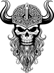 Fototapeta premium A Viking skull skeleton warrior or barbarian gladiator man mascot face looking strong wearing a helmet. In a retro vintage woodcut style.