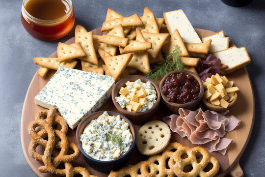 German cuisine. Austrian cuisine. Different types of food in bowls on a dark background. Pretzels with gorgonzola cheese and crackers . Generative AI