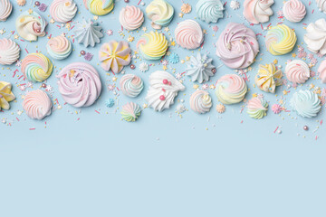 Various shape multi colored meringue cookies and small sugar items on blue background with copy...