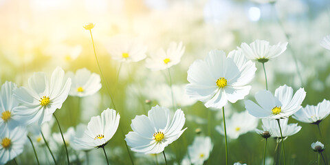 Selective focus and blurred background on a white daisy in its natural habitat, The white flowers blooming beautifully, with yellow petals in the middle, surrounded by green nature generative AI