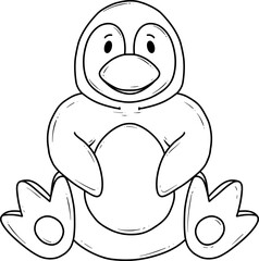 Black and white line art of a cute cartoon penguin sitting down