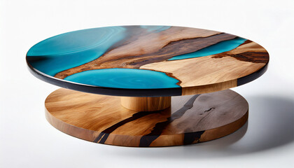 A circular table featuring a blue and brown wooden design with epoxy resin, isolated against a white background