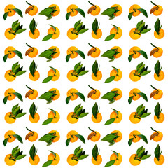 Pattern of many yellow tangerines with green leaves isolated on a white background