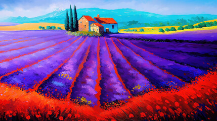Artistic painting depicting lavender fields in Tuscany, bright and wonderfully vivid colors of purple, red with yellow and grass green hills - Italian rural countryside splendor rustic farmhouse.