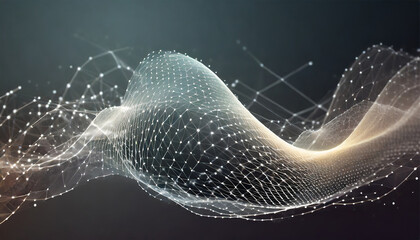 Abstract wave with moving dots and lines. Flow of particles. Cyber technology illustration - obrazy, fototapety, plakaty