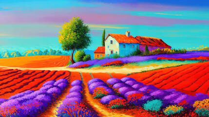 Artistic painting depicting lavender fields in Tuscany, bright and wonderfully vivid colors of purple, red with yellow and grass green hills - Italian rural countryside splendor rustic farmhouse. - obrazy, fototapety, plakaty