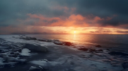 Obraz premium realistic old photo of a cold beach in winter at sunset, Generate AI