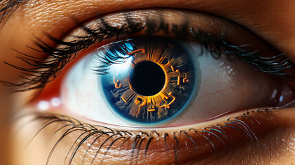 Close-up of a human eye with a futuristic digital targeting overlay, symbolizing advanced biometric identification technology