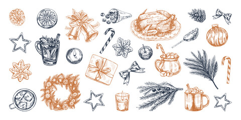 Hand-drawn Christmas set in sketch style. Festive decoration: wreath, gift, sweets, food, Christmas tree decor, drinks and spices sketches. Vintage design elements for winter holyday. Ingraved.