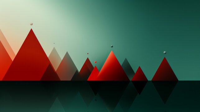 Minimalist geometric landscape with rows of triangular shapes in shades of green and a standout red triangle against a gradient background