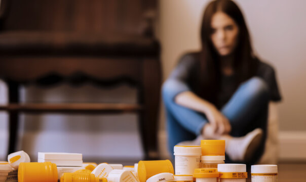 Blurry image of a distressed young woman sitting on the floor with focus on spilled prescription pills and medication bottles in the foreground