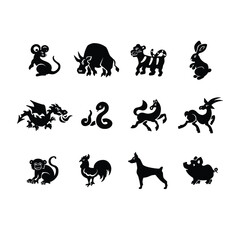 Set of eastern horoscope symbols silhouettes vector illustration