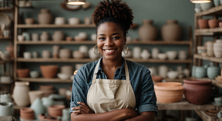 Young african american ceramic store or pottery shop owner standing and looking to camera - Powered by Adobe