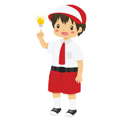 Indonesia elementary student character vector. Happy boy student wearing Indonesia school uniform thinking or having an idea with a yellow lamp sign, in white background.