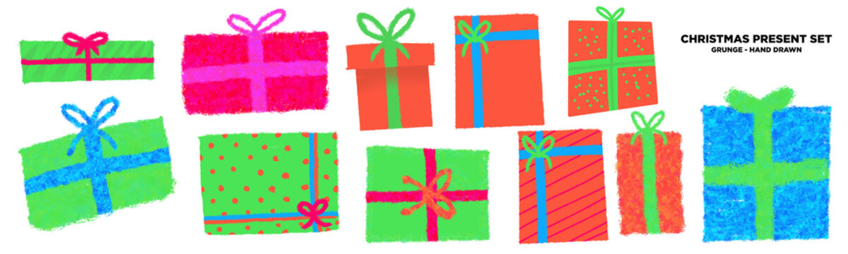 Hand drawn Colorful gift boxes with tied ribbon wrappings isolated on white background. Painted and doodle Christmas presents. Vintage style hand painted gift illustrations.