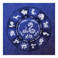 Greeting card with snake with blue flowers in ethno-boho style and vector illustration eps 10