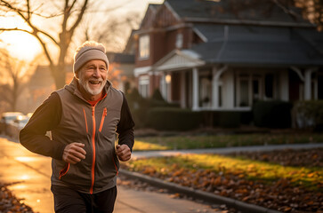 Active Senior Man Enjoying Morning Run in a Peaceful Neighborhood at Sunrise