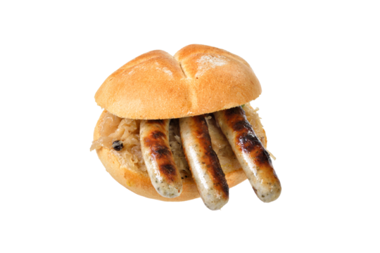 Drei im Weggla , drei gegrillte Nürnberger Rostbratwürstchen auf Sauerkraut im Brötchen -Three grilled Nuremberg sausages on sauerkraut served in a fresh roll