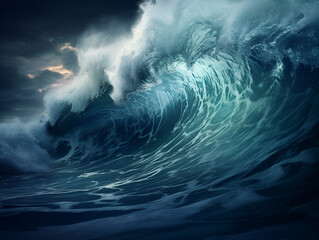 Giant tsunami waves, dark stormy sky. 