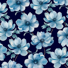 Vector watercolour pattern design with blue flowers on dark blue background. Fabric design, wallpaper 