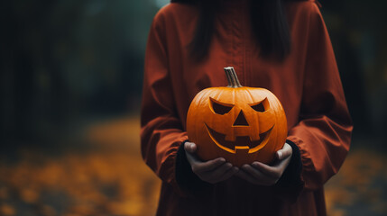 Halloween pumpkin. Woman holding in hand a scary face pumpkin. Happy Halloween party holiday. October 31. Autumn season. Fall color, orange and yellow. Trick or treat. Pumpkin Day. Generated AI