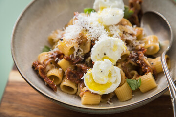 Italienische mini Burrata Käse Kugeln mit Mezzi Rigatoni Pasta, getrockneten Tomaten, Parmesan, Olivenöl, Basilikum, Knoblauch und Chili Flocken in Schale mit Löffel, Holzbrett und grün Hintergrund