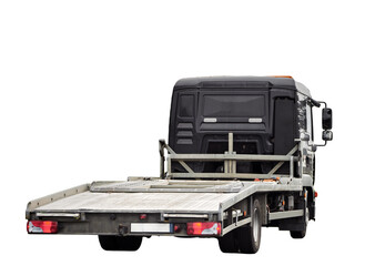 Isolated tow truck on white background. Close-up of a Tow truck with the car on the highway. Car service transportation concept. Tow truck transporting the vehicle on athe road. No background.