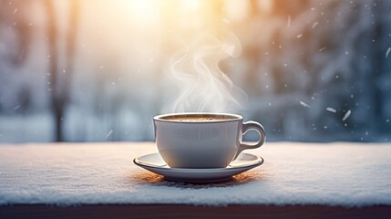 A cup of coffee in the winter snow - obrazy, fototapety, plakaty