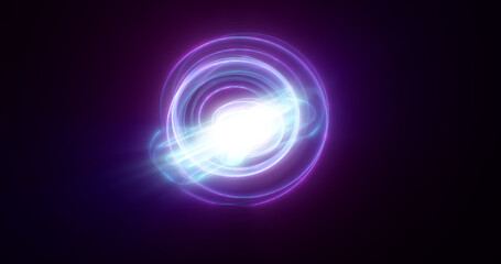 Abstract purple rings spheres from energy magic waves of smoke circles and glowing lines on a black background