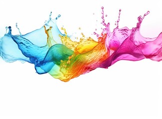 A rainbow colored water splash on a white background.