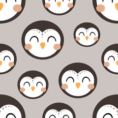 Penguin seamless pattern. Cute animal face digital paper. Penguin head pattern in cartoon flat style.