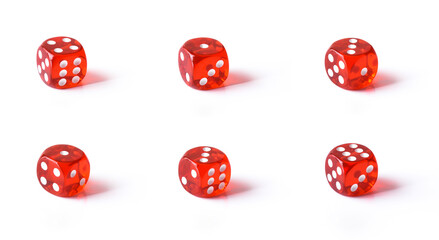 Set of red dice isolated on white in various positions