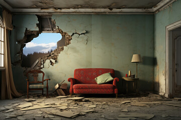 A room in a old abandoned house or ruined house, a hole in the wall with cracks, dirty furniture