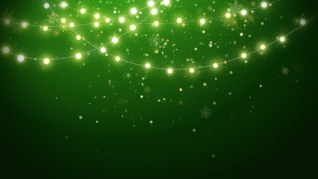 Christmas animated greeting Card with string lights background and gold particle, snowflakes. Loop winter motion graphic. Copy space.