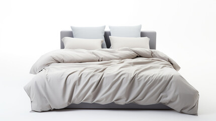Comfortable gray bed with linens on white background, AI Generative.