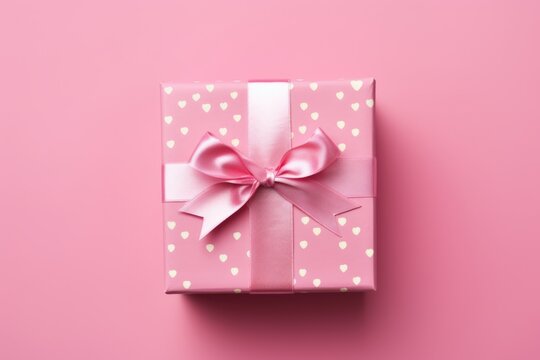 A picture of a pink gift box with a pink ribbon and bow on a pink background. Flat lay, top view