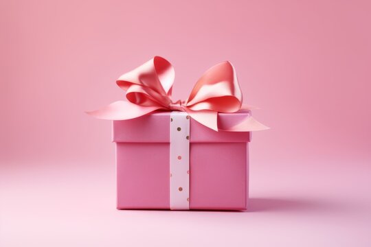 A picture of a pink gift box with a ribbon and bow on a pink background