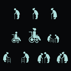 Elder people . Nursing home, happy old man exercising, patient support vector illustrations. Outline signs older citizens. Pixel perfect. Editable Strokes.