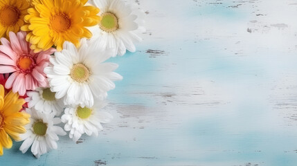 White daisies on a delicate blue wooden background.