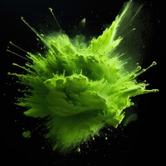 A green paint explosion on a black background.